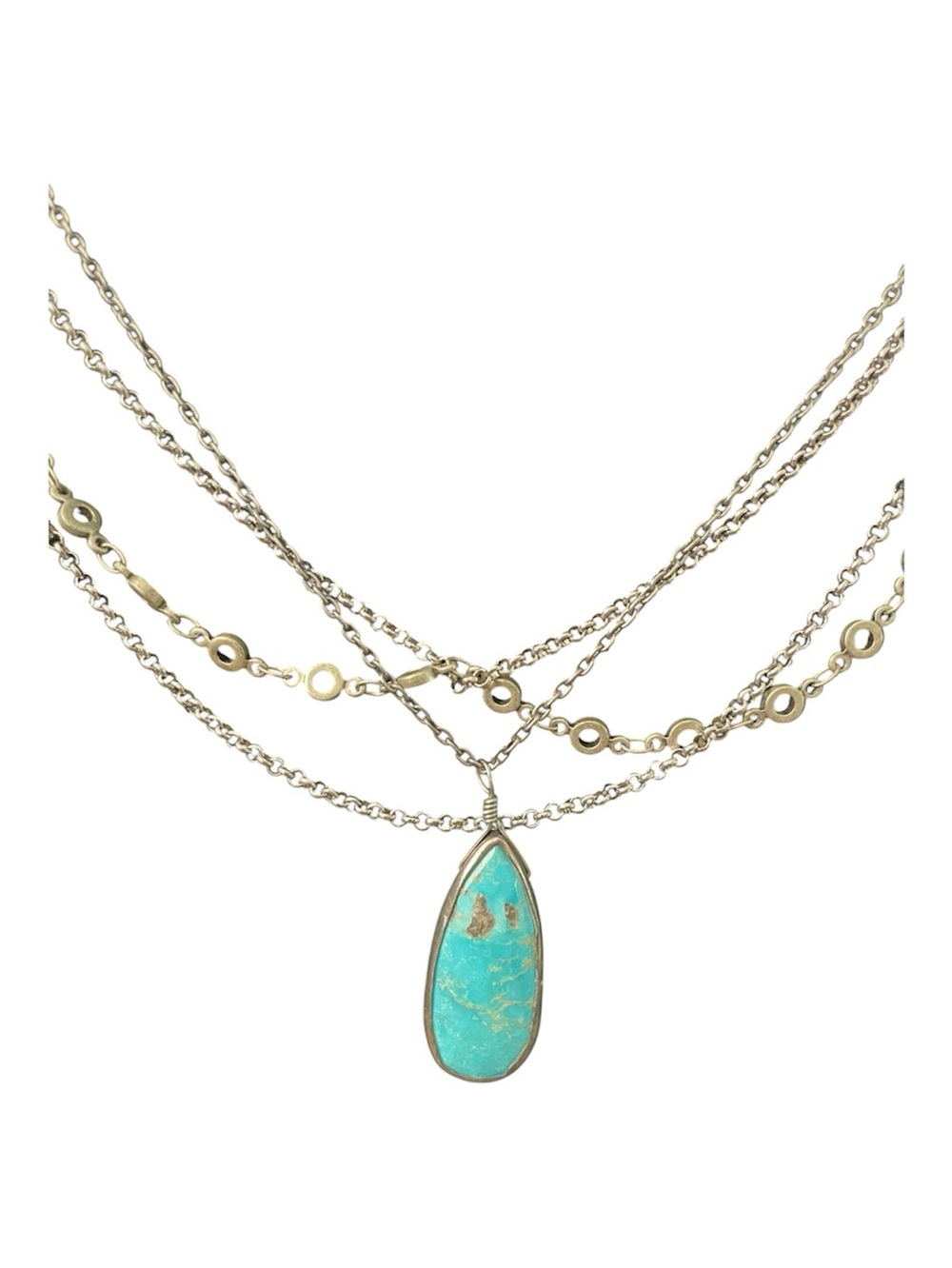 Marie Chavez Multi Chain Silver Necklace with Turquoise Teardrop Pendant
